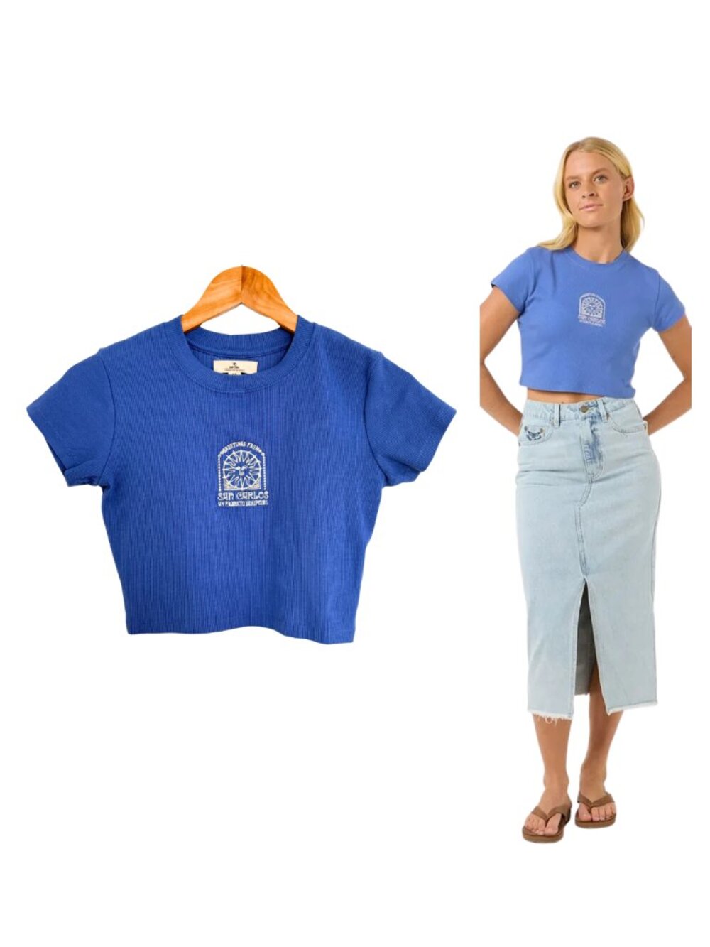 Rip Curl Shirt Womens XS Ocean Blue San Carlos Baby Tee Cropped Ribbed 0F3WTE